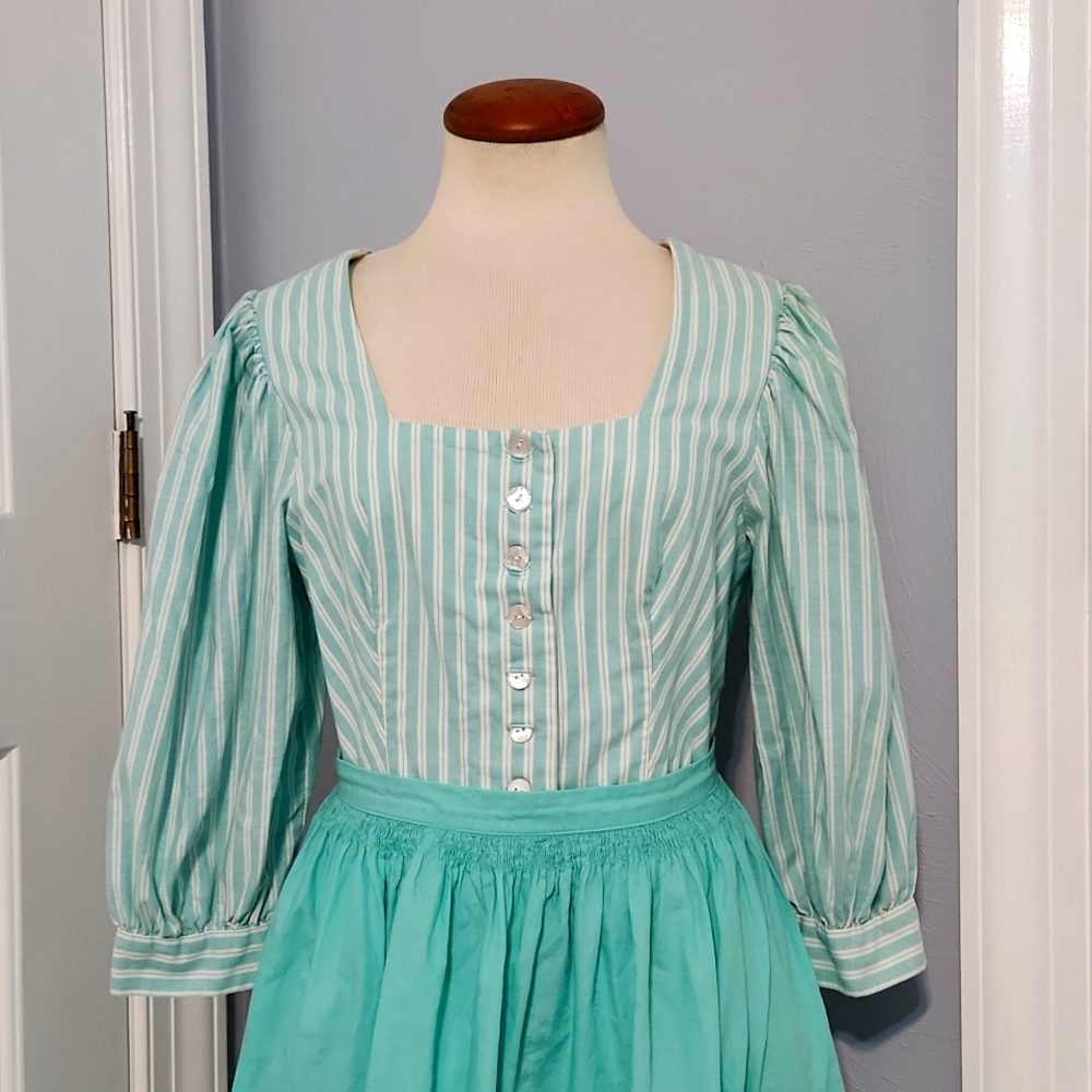 Aqua and White Striped Dirndl Cottagecore Dress With Apron